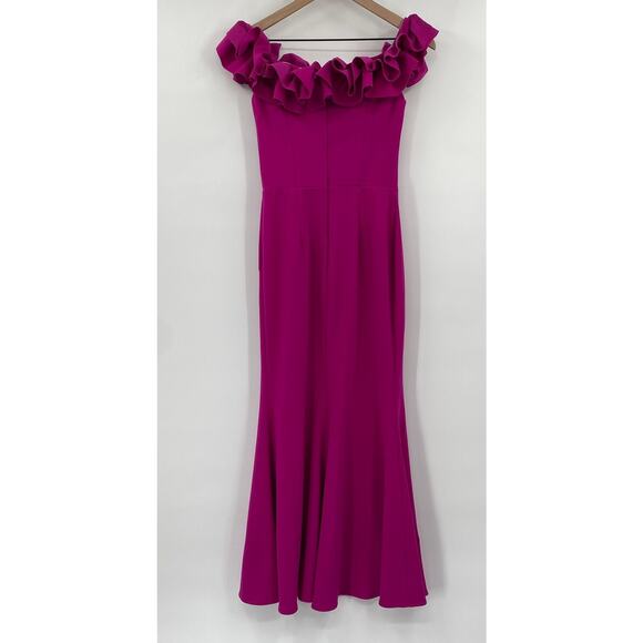 Xscape Ruffled Off Shoulder Gown Crepe High Leg Slit Maxi Dress Magenta Pink 2 - Picture 5 of 8